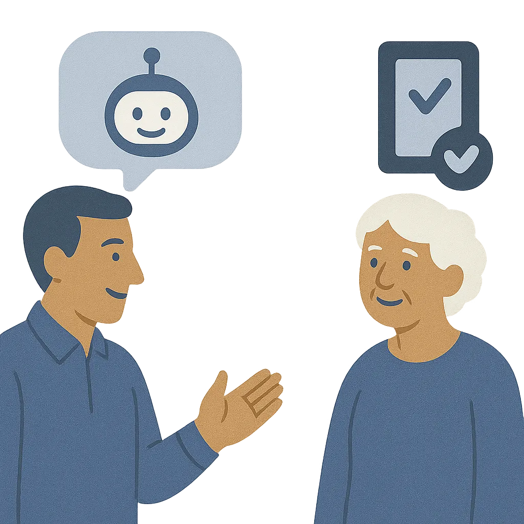Flat illustration of a staff member talking with an older adult, with a friendly chat-assistant bubble and a completed checklist between them.